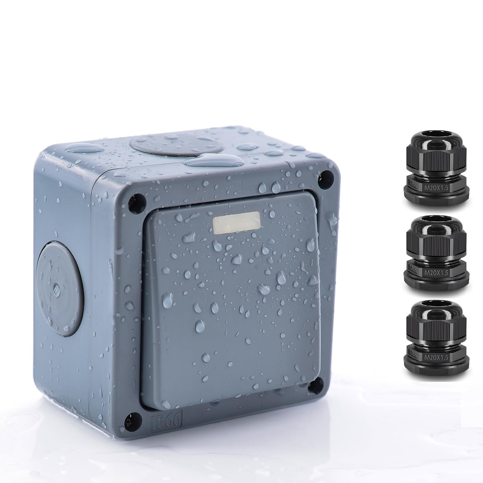 IP66 Rated Weatherproof Grey Plastic 10A 2 Way 1 Gang Single Switch Fit for Outdoor Use, Accessories 3PK Joint Compression Cable Gland Connector, 20mm Nylon Diameter Accessory Hole-image-17