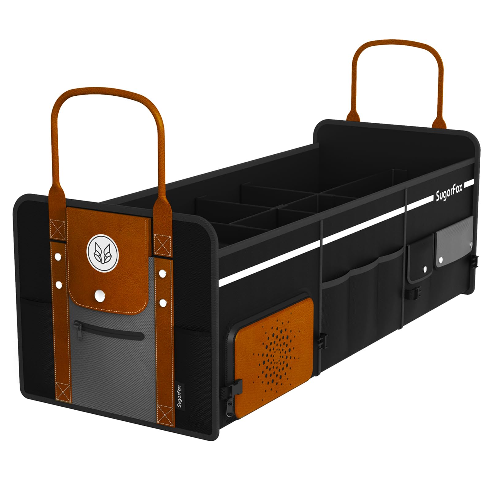 SugarFox Trunk Storage Organizer For Suv, Foldable SUV/Car Organizer With shoe storage,PU Leather/Oxford, With long Handle, Essential Car Solution, 95L big size, Fox Pattern-X200