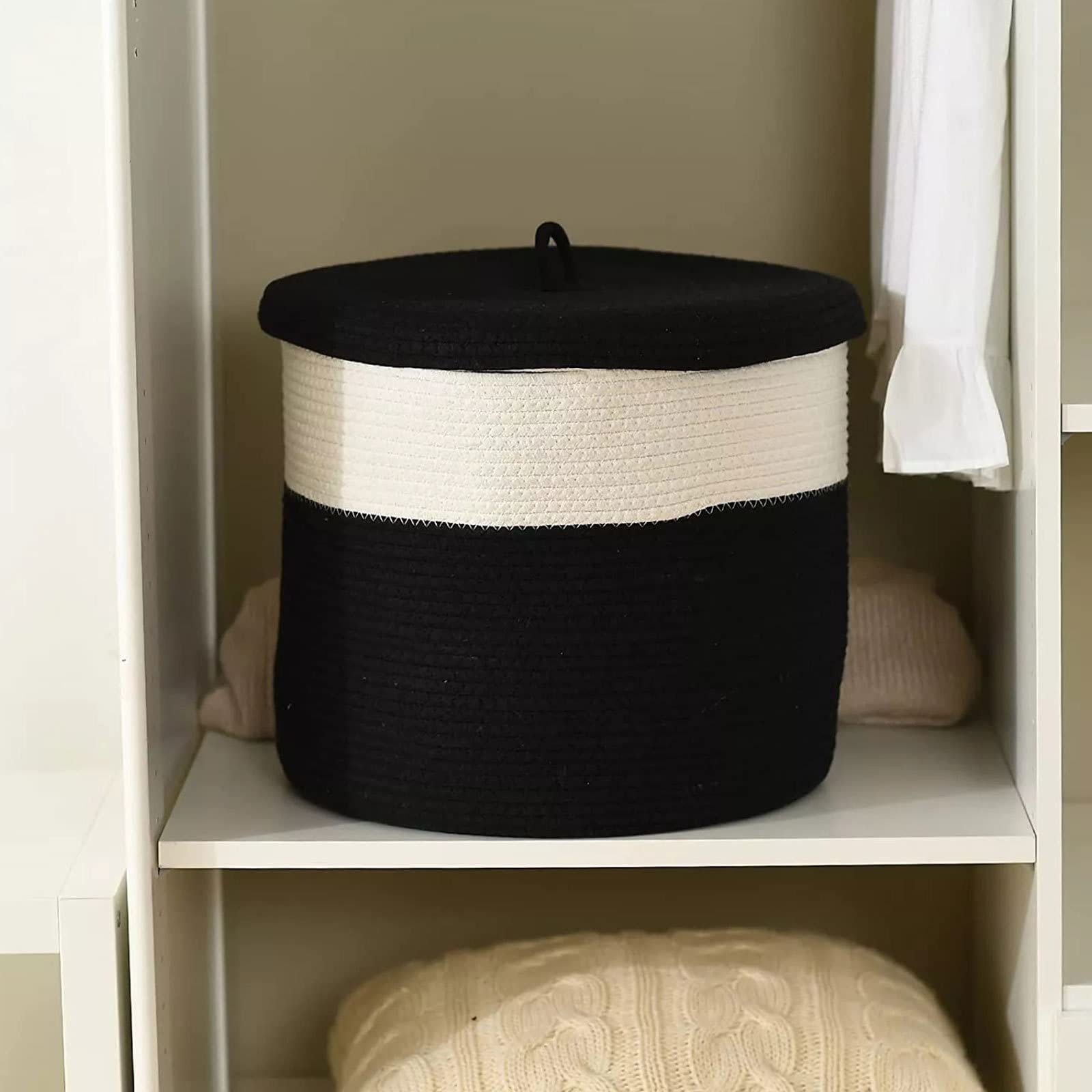 Cesto portaoggetti in Tessuto con Coperchio Cestino in Corda Naturale Cestino Decorativo in Cotone per Coperte Giocattoli Vestiti Portaoggetti con Manici, 15,4" D x 13,8" H,Black