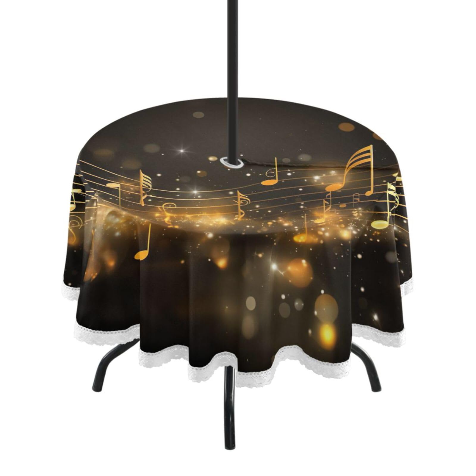 Wajiw 60 Inch Indoor Outdoor Round Tablecloth with Umbrella Hole and Zipper Waterproof Patio Table Cover for Camping Dining Room Party Outdoor Picnic,Gold Musical Notes
