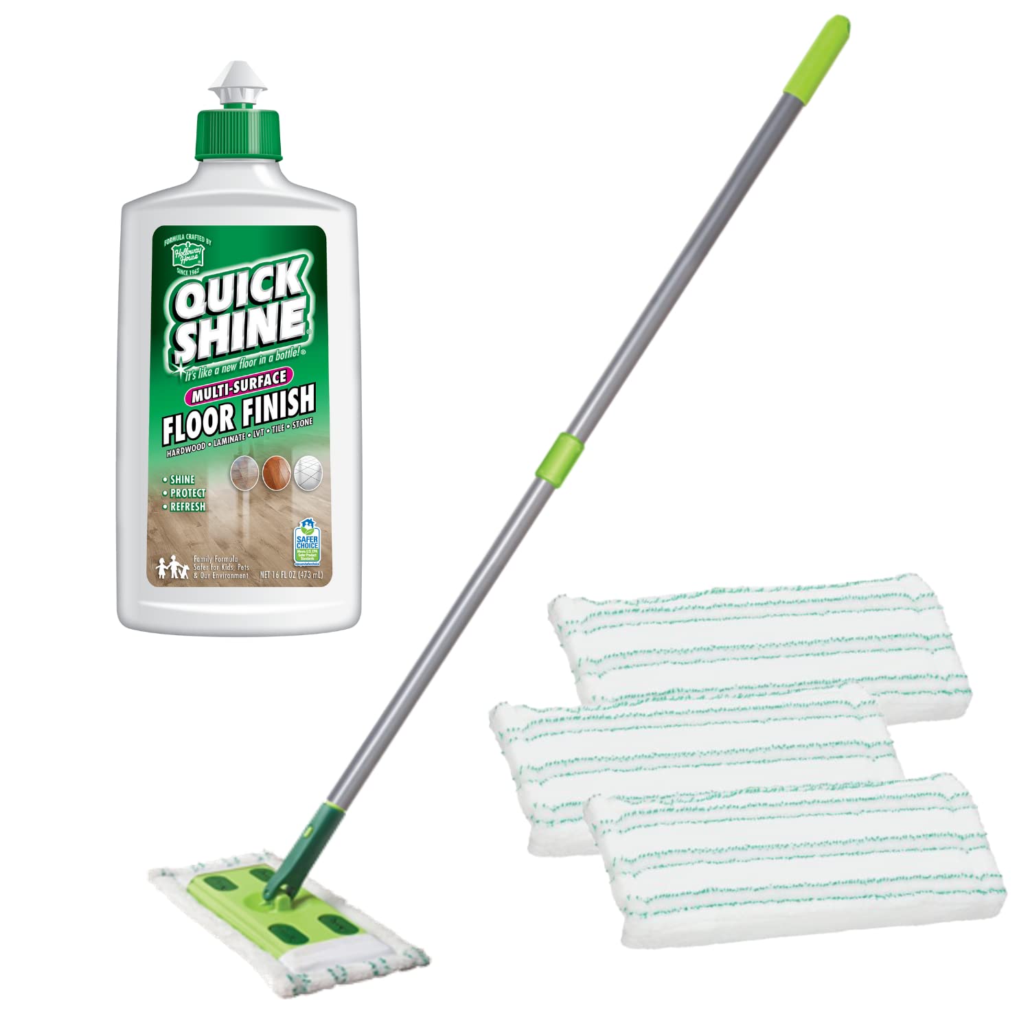 Quick Shine Sustainable Hard Surface Floor Mop Kit with 3 Reusable Pads & 1 Safer Choice Floor Finish Cleaner 16oz | Use Wet + Dry | Squirt, Spread, Done | Hardwood, Luxury Vinyl Plank, Laminate