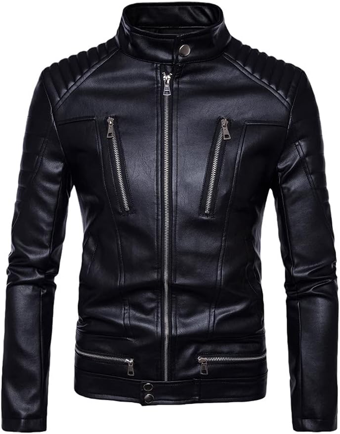 Mens Bomber Jackets Fashion Faux Leather Coat Zipper Overcoat Motor Jacket Motorcycle Bikers Punk Top