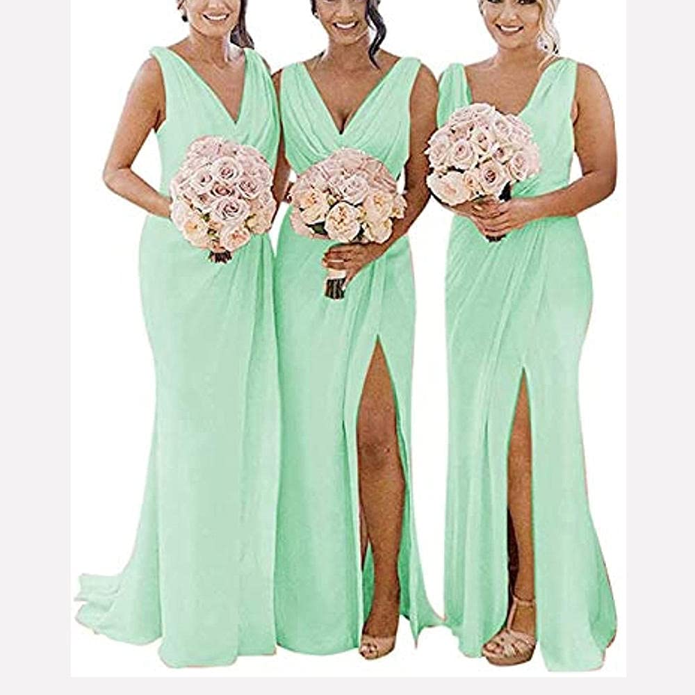 yhfshop Formal Long Evening Party Dress,Double shoulder V-neck chiffon slit evening gown-Mint Green_48,Gowns Evening Bridesmaid Dresses