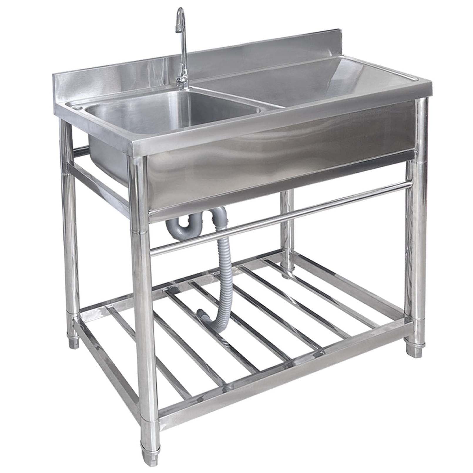 TAXXII Commercial 304 Stainless Steel Sink with Workbench, Splash Proof Backsplash, Freestanding Outdoor Utility Storage Shelves