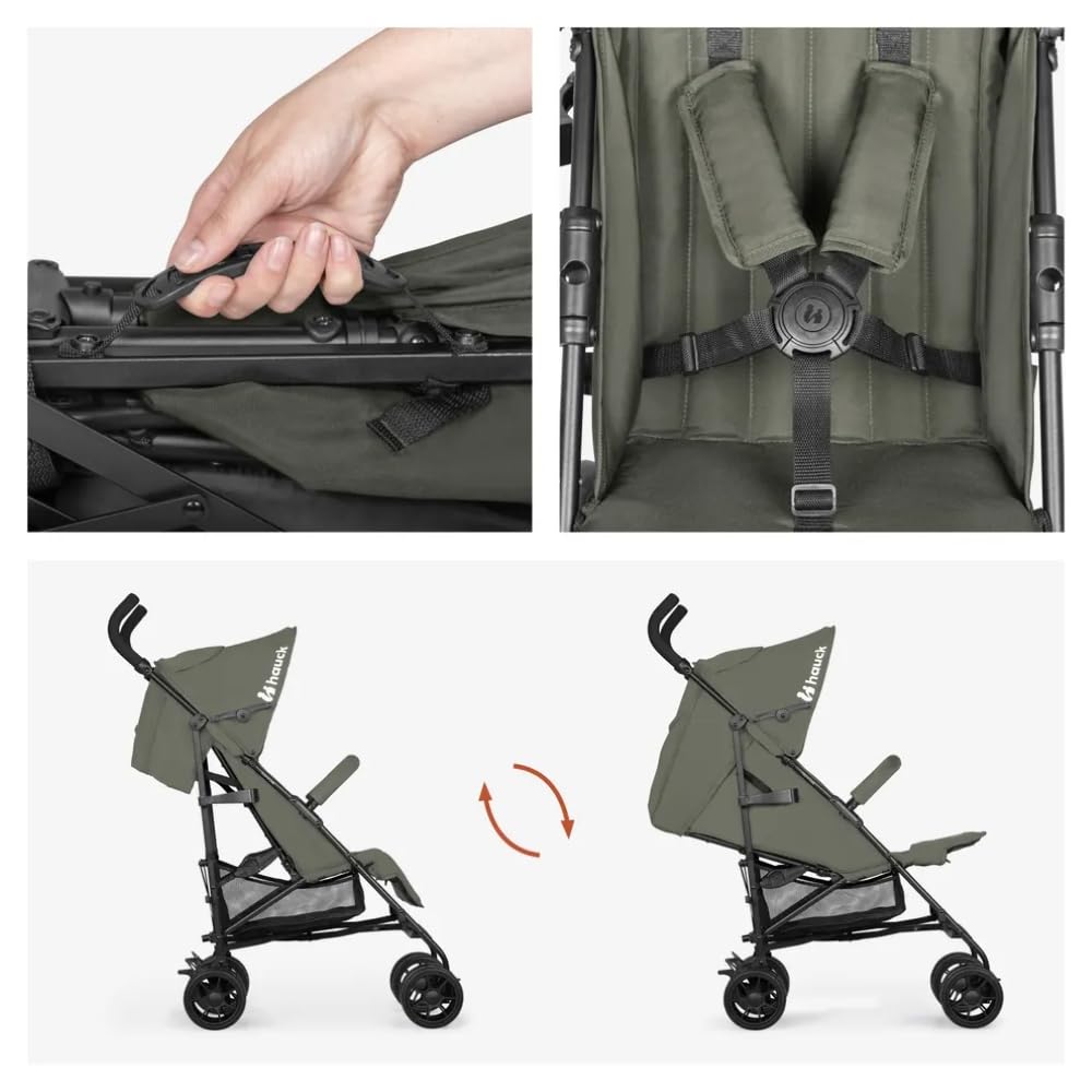 hauck Fold N Care Parasol dla dzieci od 6 miesięcy do 22 kg, mały, składany, 7,6 kg, z pozycją leżącą i ochroną UV 50+, kosz XL, kółka z tworzywa sztucznego EVA, obrotowe koła przednie, oliwkowy