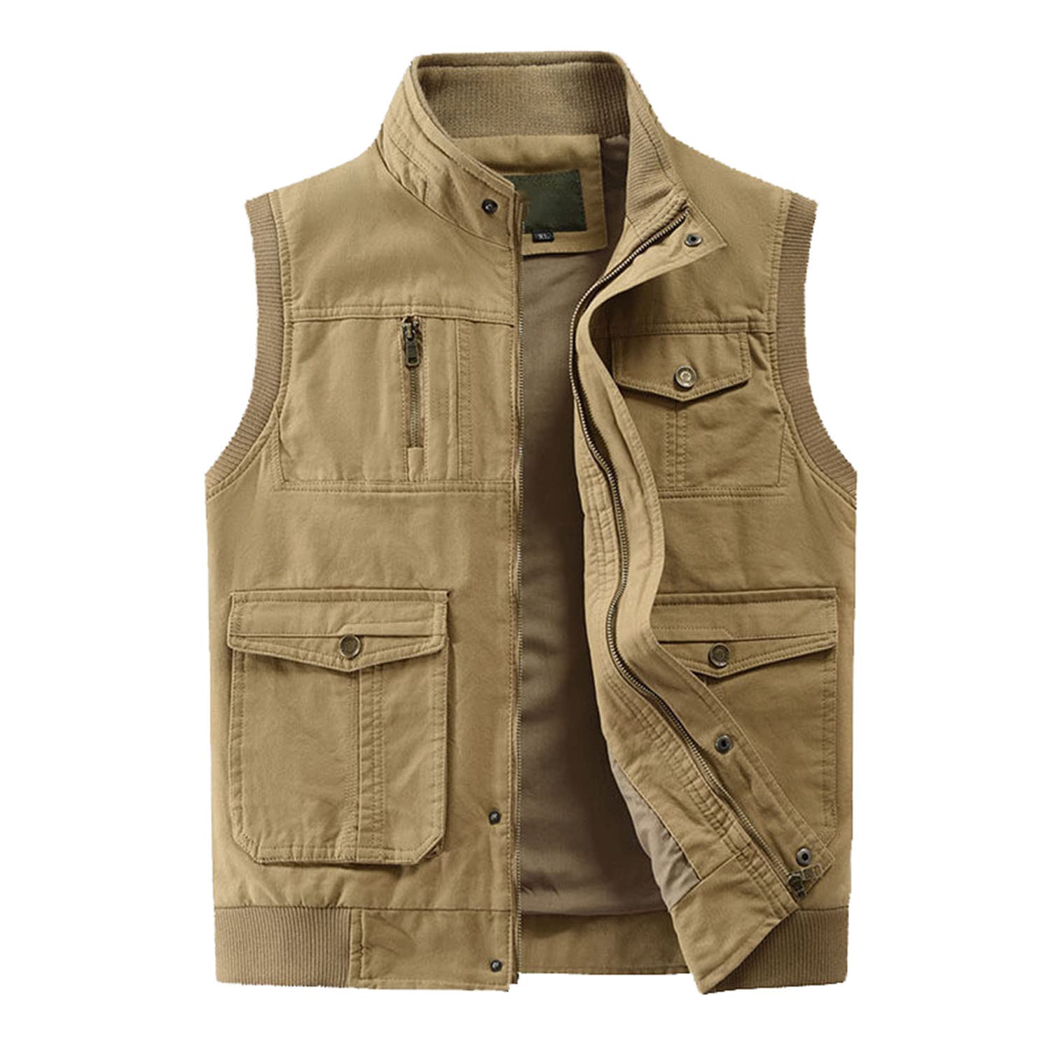 Hombres Chaleco De Algodón Casual Multi-Bolsillo Gilet Pesca Al Aire Libre Fotografía Chaleco Primavera Y Otoño Sin Mangas De Pie Chaqueta De Cuello
