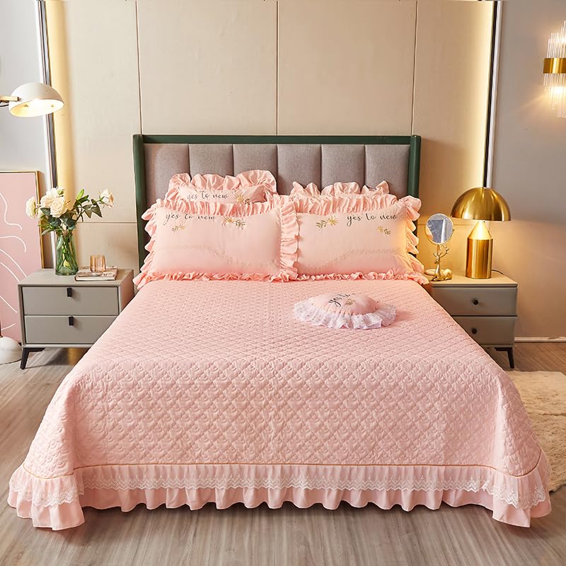 Zhiyuan Colcha de microfibra cepillada con estampado de escamas acolchadas y volante de encaje para todas las estaciones 250 x 250 cm, Rosa claro