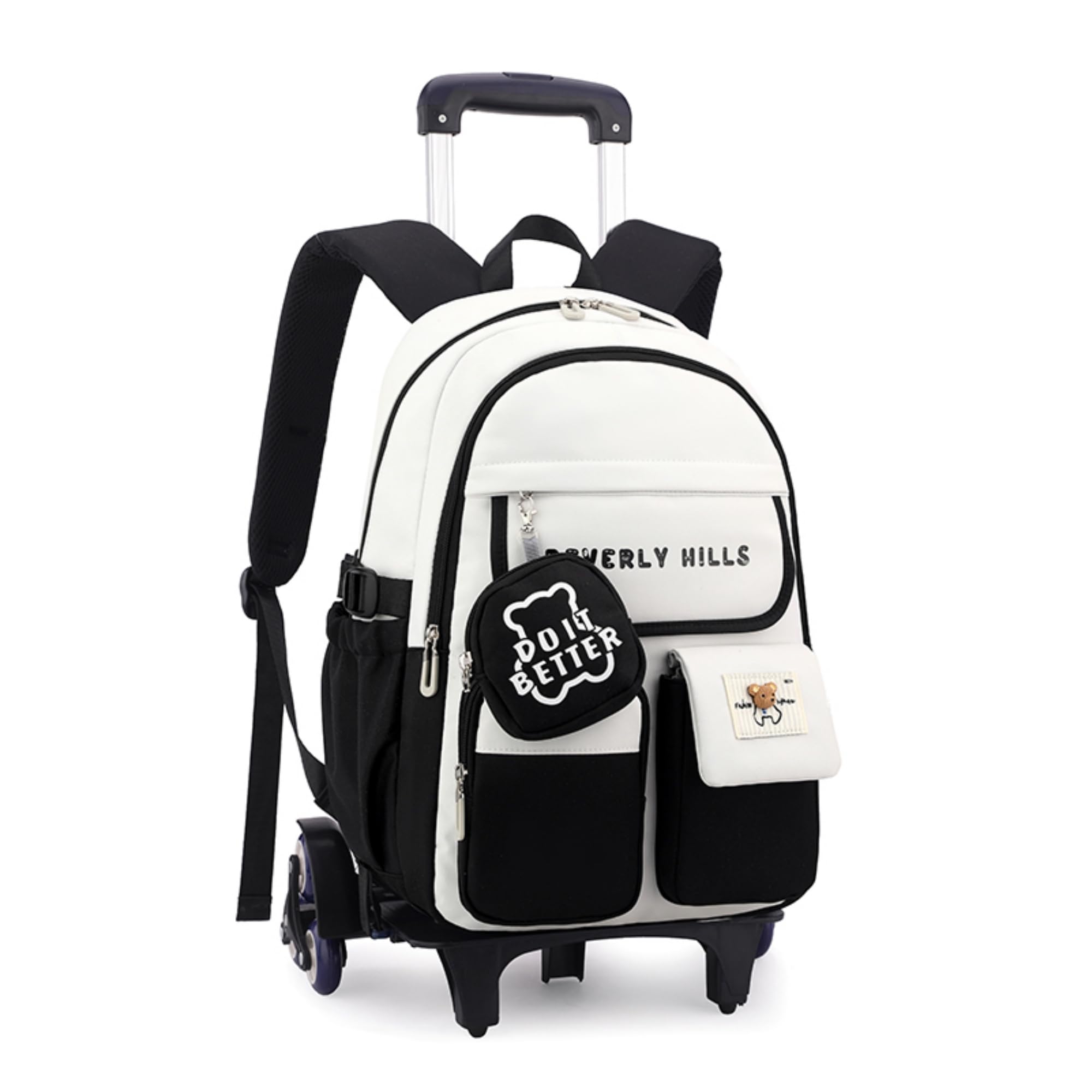 ZHANAO Color-blocking Rolling Backpack for Girls,Kawaii School Bag with Wheels,Trolley Bookbags for Primary Students