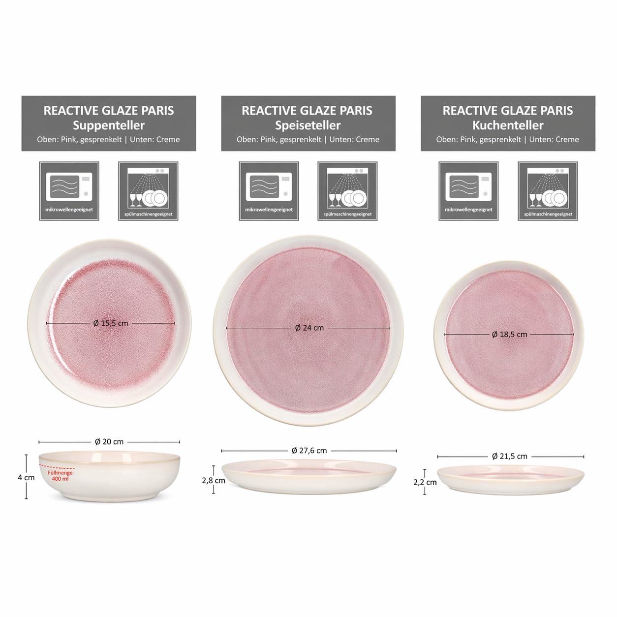 MamboCat 18tlg Tellerset Reactive Glaze Paris I Creme & Pink I Steingut-Geschirr für 6 Personen I je 6X Speiseteller, Suppenteller 400 ml & Kuchenteller