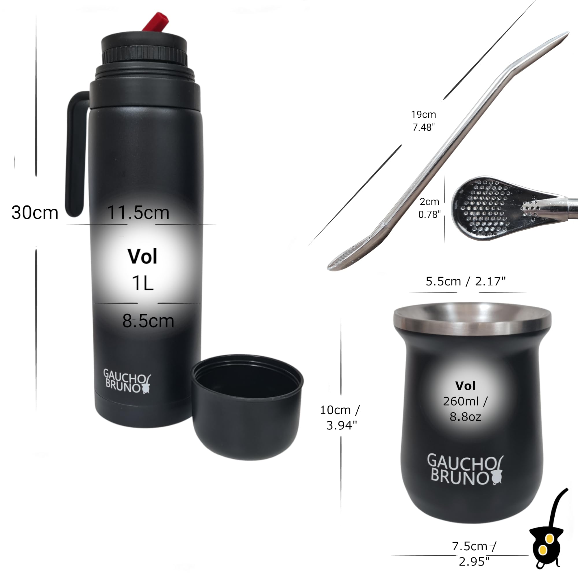 Gaucho Bruno - Kit industriale in acciaio inossidabile per bere Yerba Mate, cannuccia Bombilla e 1 litro facile da pulire | Comodo da tenere in mano | Caldo più a lungo, nero