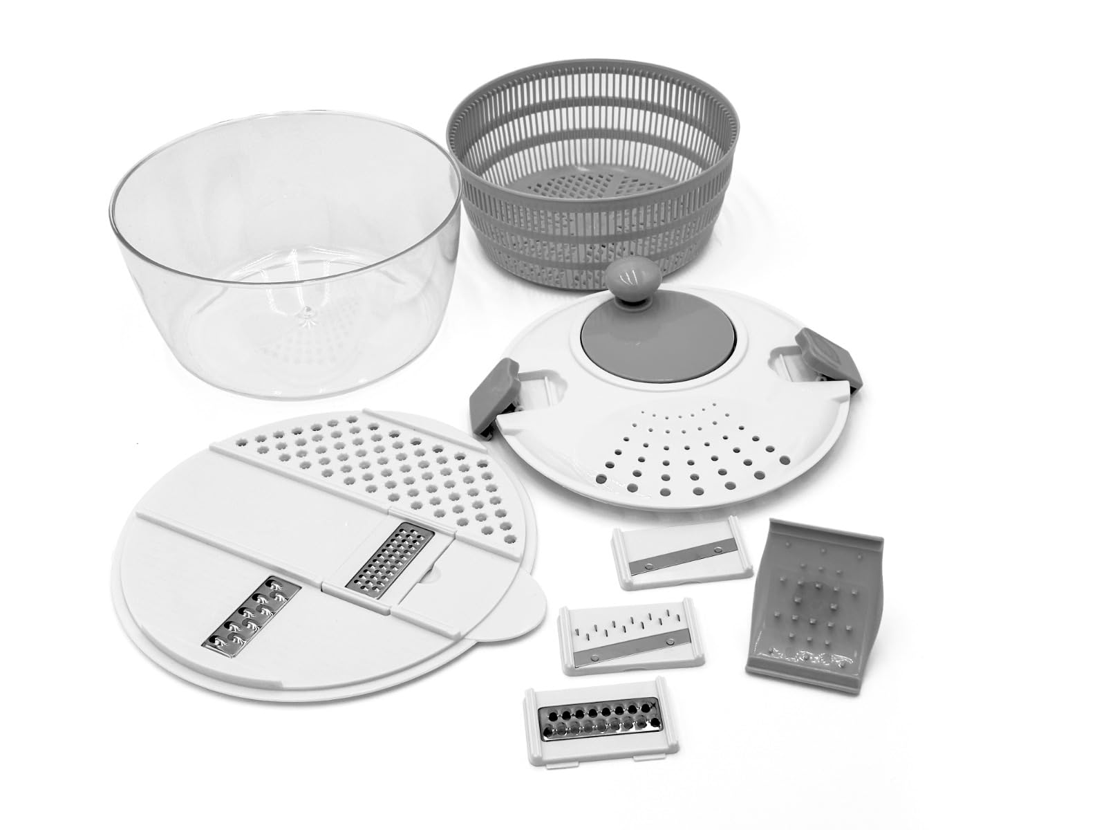 Lumme Salad Spinner and Vegetable Chopper in action, showing salad being spun and vegetables being chopped.