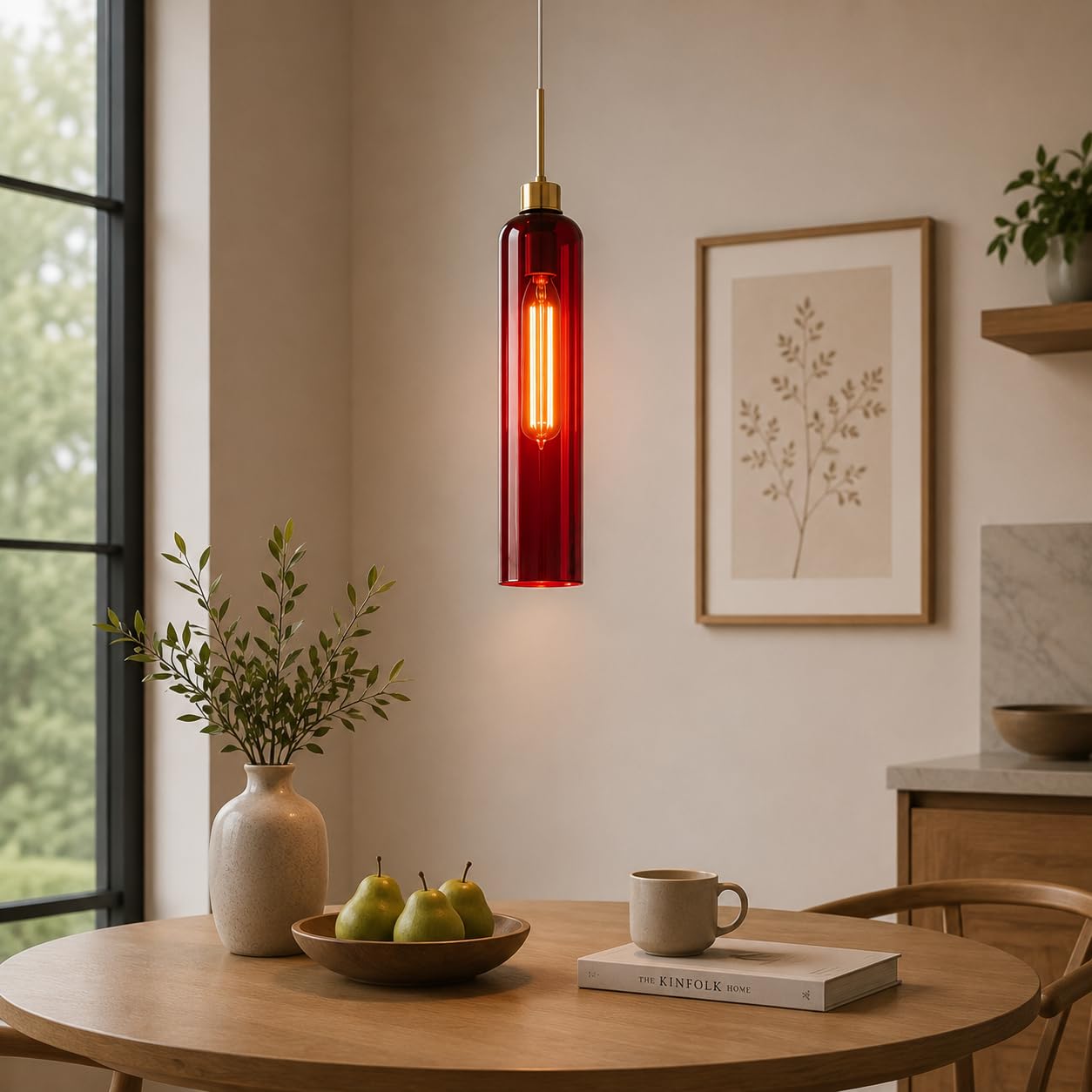 CORAL TREE Luxury Red Glass Cylinder Pendant Light with Gold Finish, Modern Hanging Ceiling Lamp, E27 Fixture, for Dining Room, Kitchen Island, Café and Bedroom-image-19