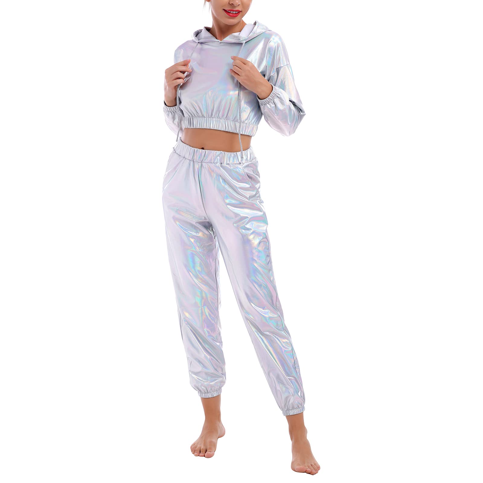 Odizli Jogginganzug Damen Set Langarm Kapuzen Glitzer Metallic Crop Top+Jogginghose 2tlg Trainingsanzug