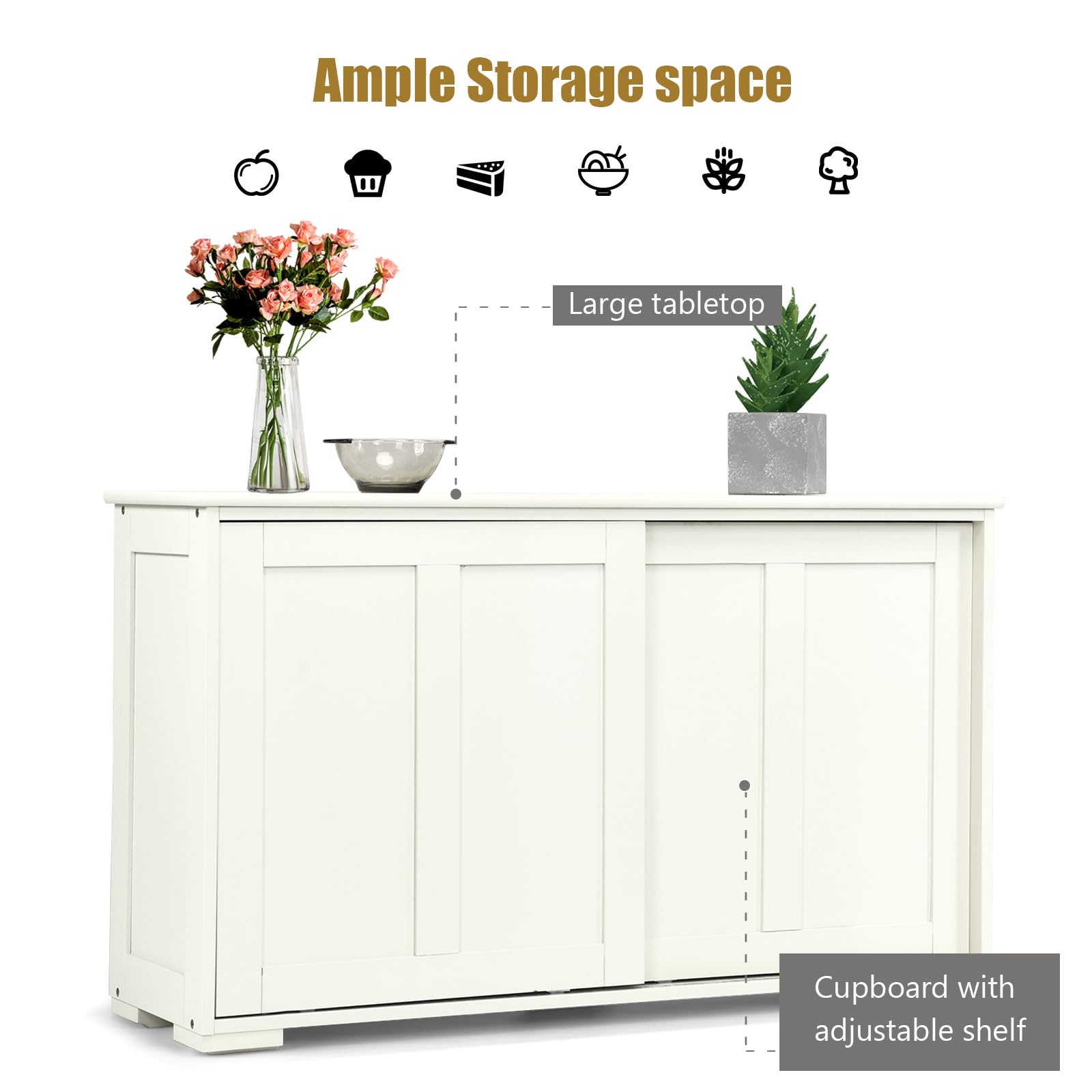 WooBuffet Schrank Sideboard mit Ablage und Schiebetüren, für Esszimmer, Wohnzimmer und Flur, Weiß