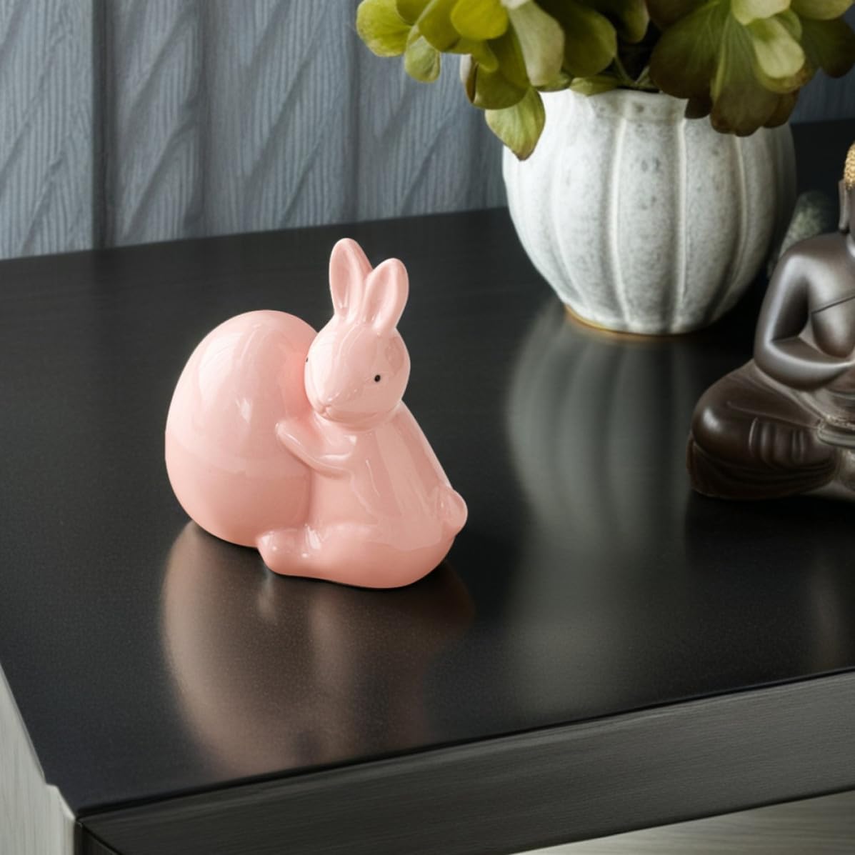 TOYANDONA 2 Pezzi Statua di Coniglio Pasquale in Ceramica Uovo Decorativo, Ornamento da Tavolo Primaverile per Decorazioni di Pasqua e Arredamento Domestico Elegante