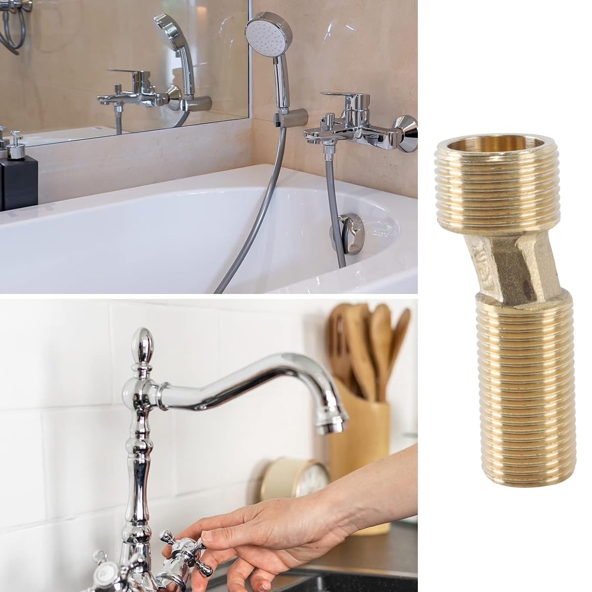 Adaptador de bañera con rosca macho G1/2 a G3/4, paquete de 2, latón, brazo oscilante excéntrico para grifo, montaje en pared (amarillo), 7 cm