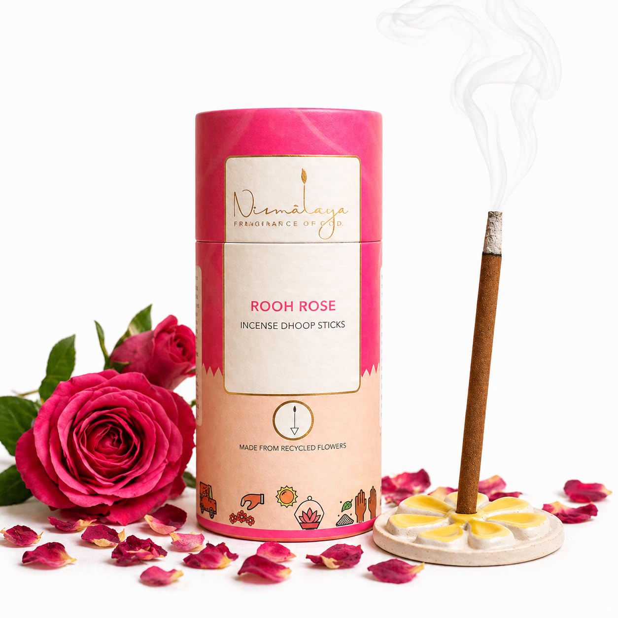Nirmalaya Premium Rooh Rose Bamboo-Less Dhoop Sticks | 100% Natural Organic | 40 Sticks with Ceramic Stand | Long-Lasting and Soothing fragrances for Pooja, Meditation, Yoga and Aromatherapy-image-33