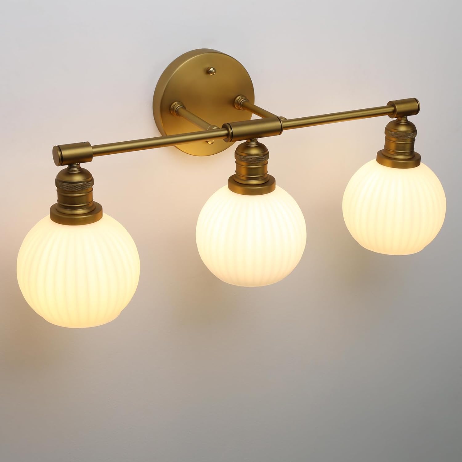 Pathson Vintage 3-Lights Wall Sconces Milky Striped Round Globe, Hardwired Triple-Heads Bathroom Sconces for Mirror, Indoor Wall Vanity Lights Decor for Living Room, E26 Base