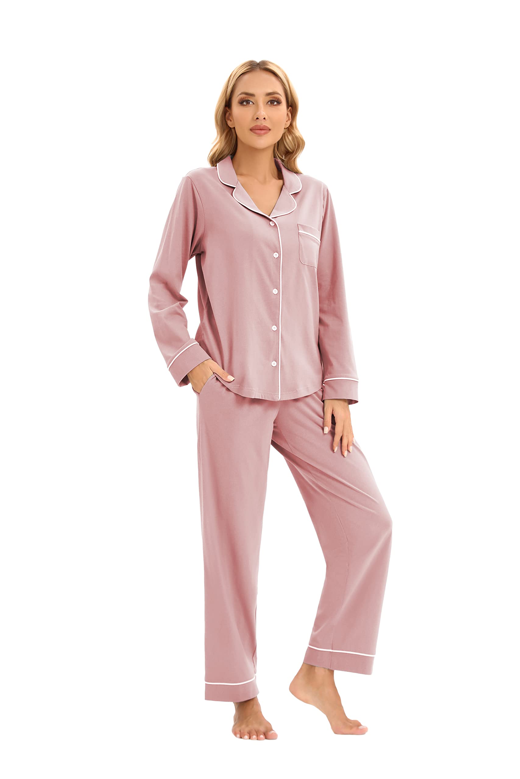 LUBOT Pigiama da Donna in 100% Cotone, Maniche Inverno Lungho, con Bottoni, pygama in Due Pezzi per Donna, Abbigliamento da Notte da S a XXL, Rosa Polveroso, L