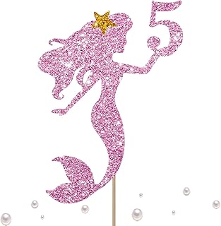 Mermaid 5 Cake Topper, Happy 5th Birthday Cake Decor for Baby Girl, Little Mermaid Birthday Party Decoration, Under the Sea Themed Party Supplies - Pink Glitter