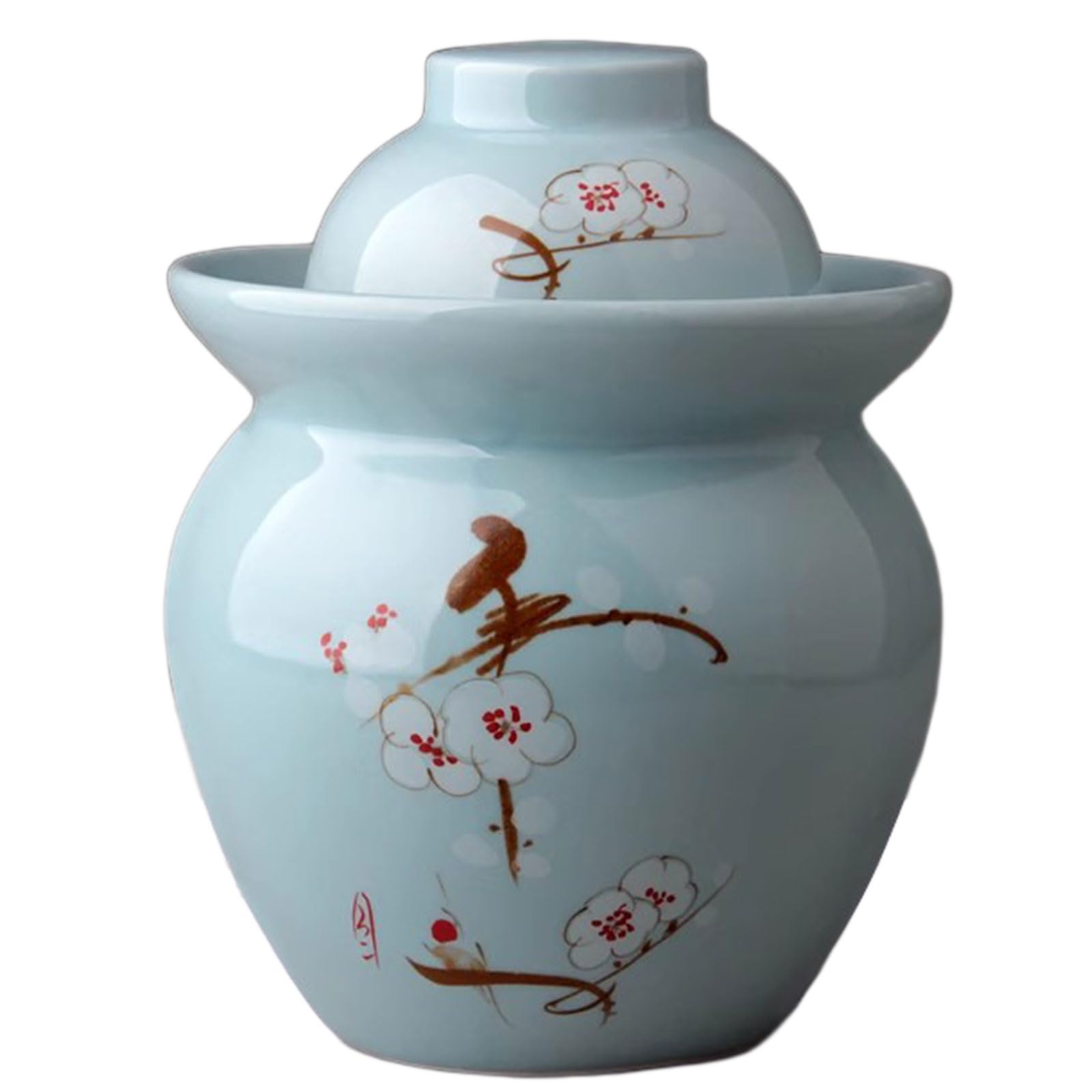 DECORN Hand-Painted Traditional Chinese Porcelain Pickle Jar, Ceramic Fermentation Crock Pickling Pot, Fermenting Jar with Water Seal Airlock Lid, Stoneware Fermenter for Kimchi Saue,B,3.5kg