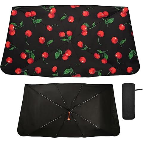 Cherry Black Windshield Sun Shade Umbrella Watercolor Fruit Leaves Foldable Car Fro...