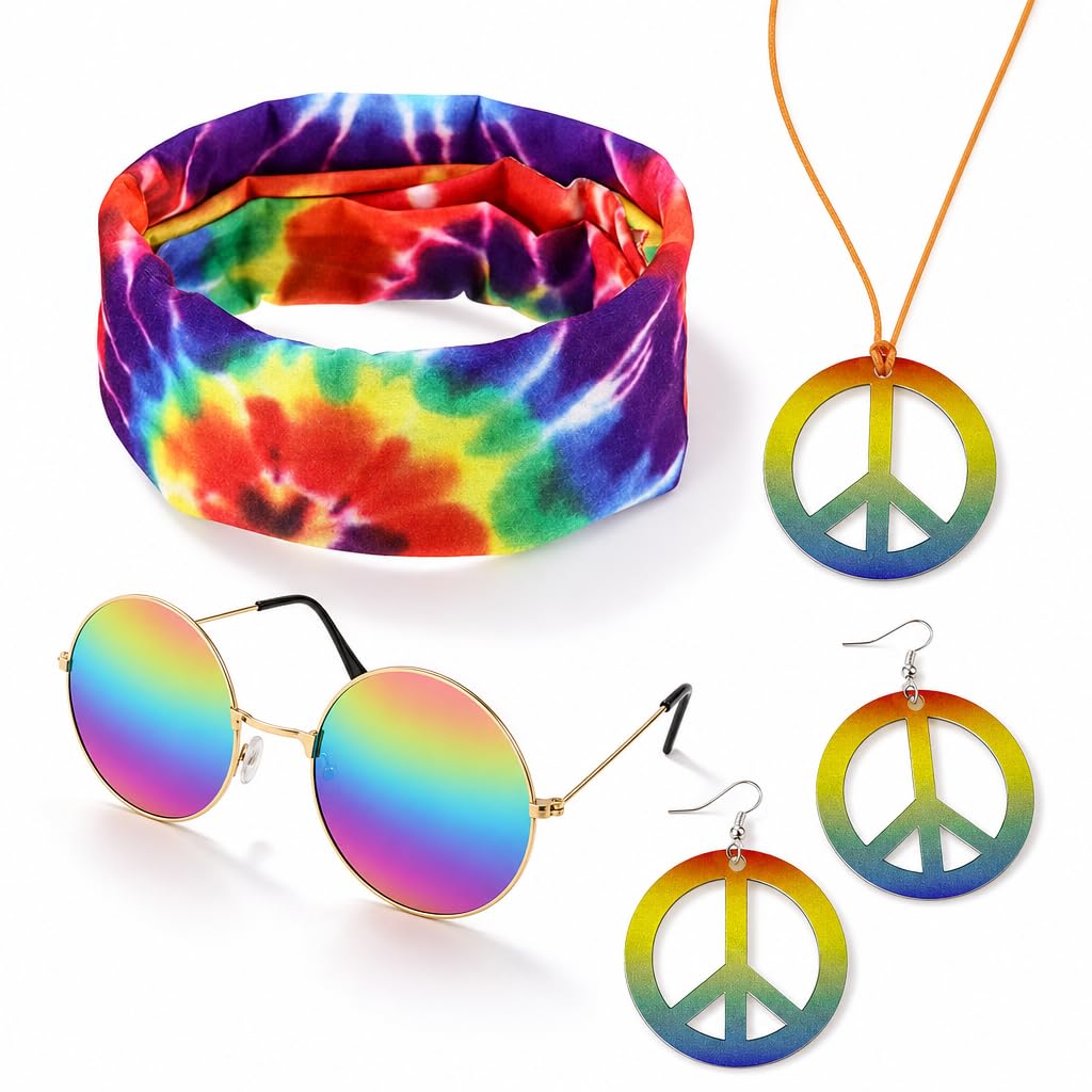 RJFUJP 4 PCS Hippie Costume Set, Accessories with Headband, Necklace, Earrings, Sunglasses