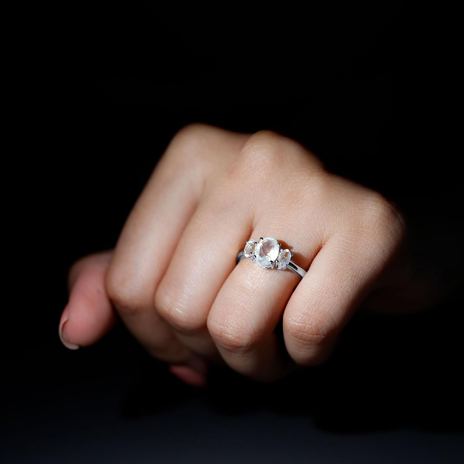 Moms Day Gift, Natural 1 Carat Moonstone Engagement Ring, Aaa Quality, Certified Moonstone Past Present Future Ring