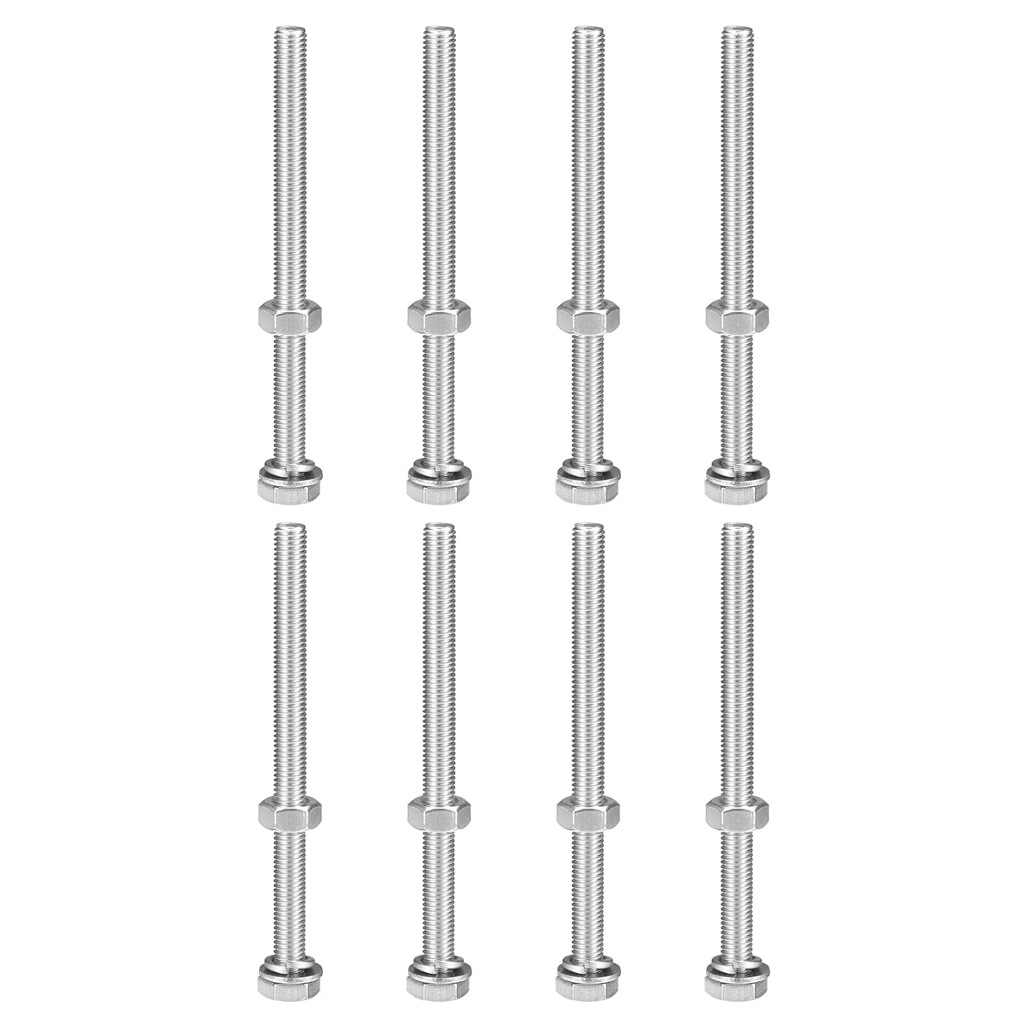 uxcell M10 x 140mm Hex Head Screws Bolts, Nuts, Flat & Lock Washers Kits, 304 Stainless Steel Fully Thread Hexagon Bolts 8 Sets