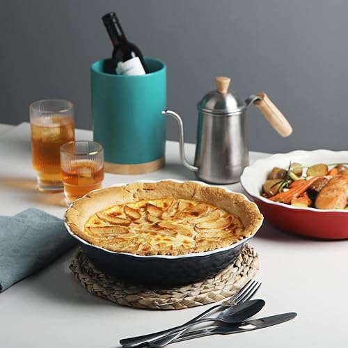 Miniatura 4 de SWEEJAR Sartén de cerámica para pasteles, plato redondo de 10 pulgadas para hornear, plato de pastel antiadherente con borde ondulado suave para