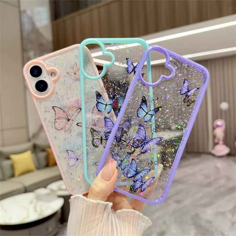 Image of VONZEE for iPhone 16 Plus Clear Glitter Butterfly Case, Cute Bling Sparkle Shiny Soft TPU Bumper Shockproof Women Girls Slim Protective Phone Cover for iPhone 16 Plus 6.7 inch, Pink