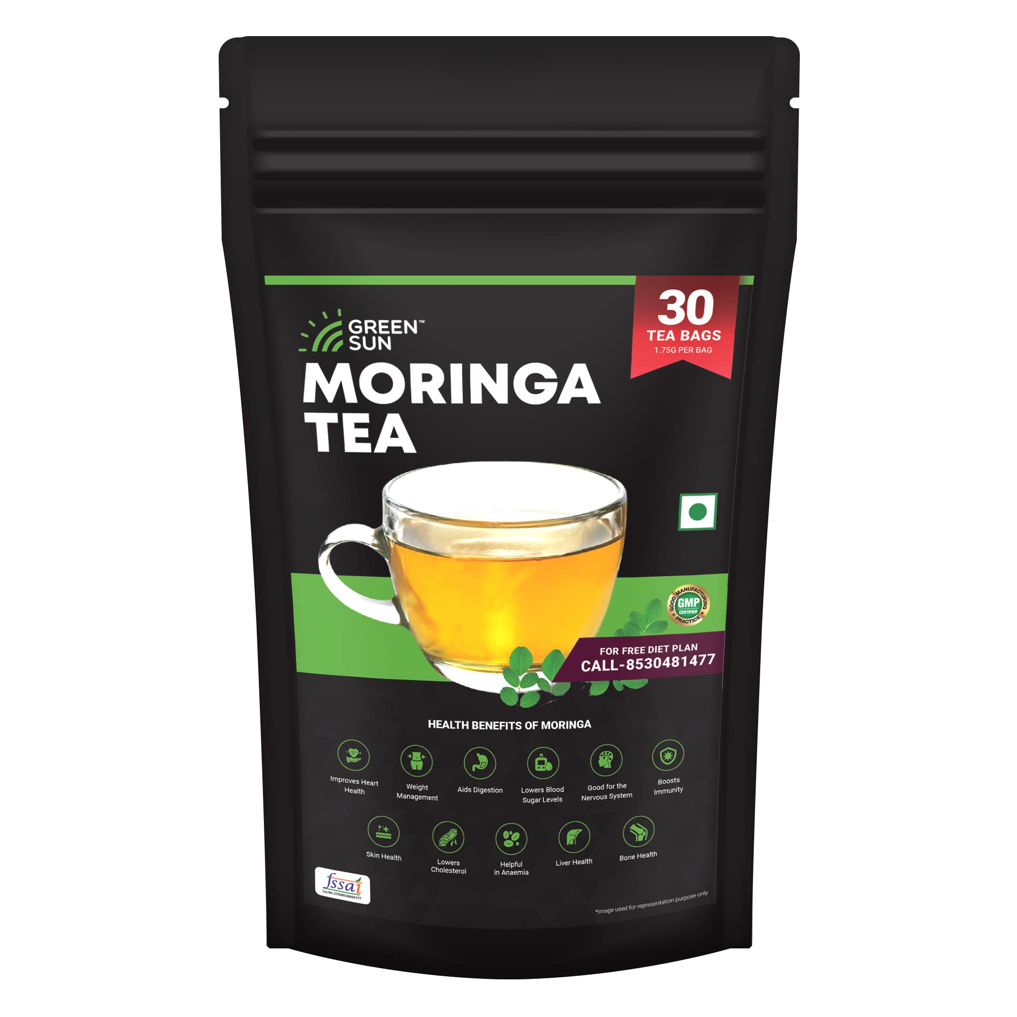 Green Sun Moringa Tea 30 Bags Pack with Health Benefits which may Boost Immunity, Weight Management, Skin, heart, Liver, Bone, Lower Blood Pressure and Colestrol