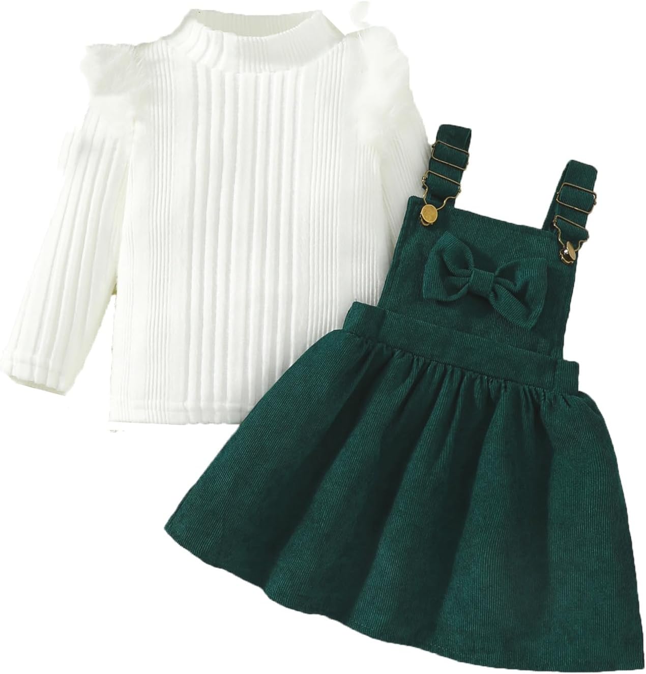 Toddler Baby Girl Clothes Long Sleeve Knit Ribbed Tops Bowknot Corduroy Suspender Skirt Dress Outfits