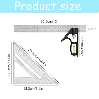 Combination Square Set 12 inch 7 inch,Trend Angle Finder,Bevel Gauge,Woodworking Triangle Speed Square for Carpenters Engineers Roofers Builders Joiners (Silver)