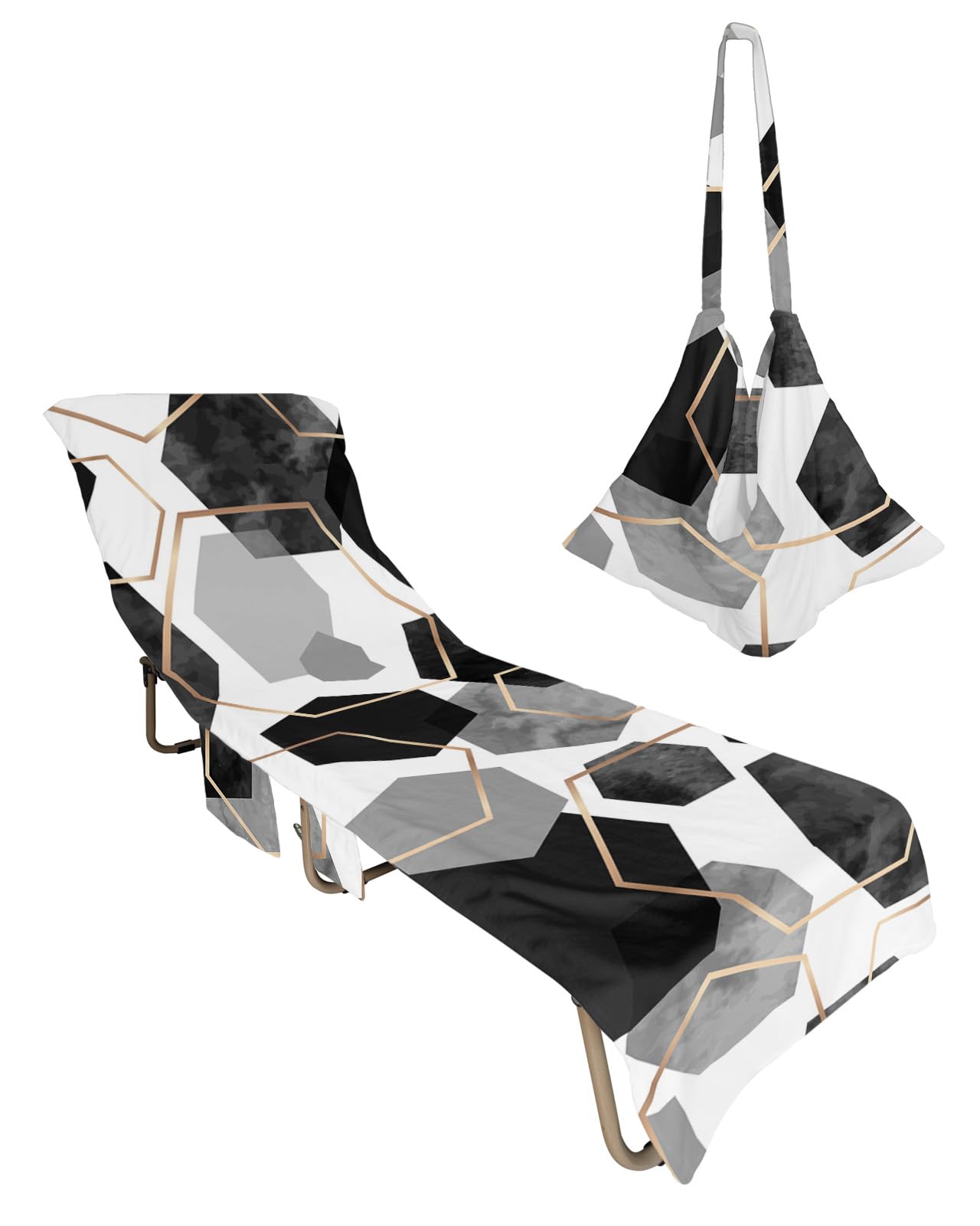 Black Grey Geometric Beach Lounge Chair Towel Cover, Soft Chaise Lounge Towel with Side Pockets Patio Pool Chairs Cover for Beach/Pool Sunbathing 29x85 Yellow Modern Abstract Art Aesthetics