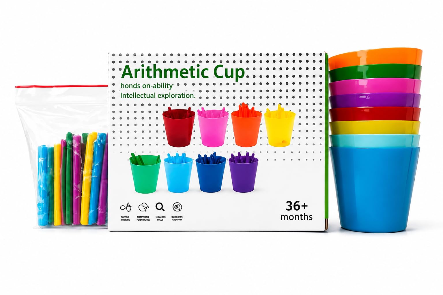 Arithmetic Cup Montessori Color Sorting & Counting Toy Set | Ages 3+, 8 Rainbow Cups, STEM Activity, Fine Motor Skills, Number Learning-image-9