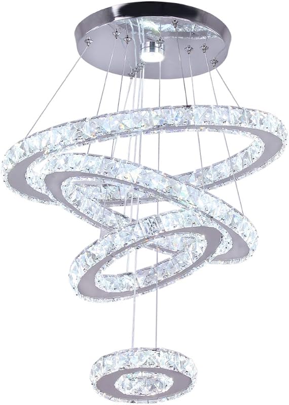 Lámpara de araña de cristal de 4 anillos colgante LED ajustable blanco frío | Lámpara colgante moderna con altura ajustable para comedor, sala de estar, dormitorio y vestíbulo