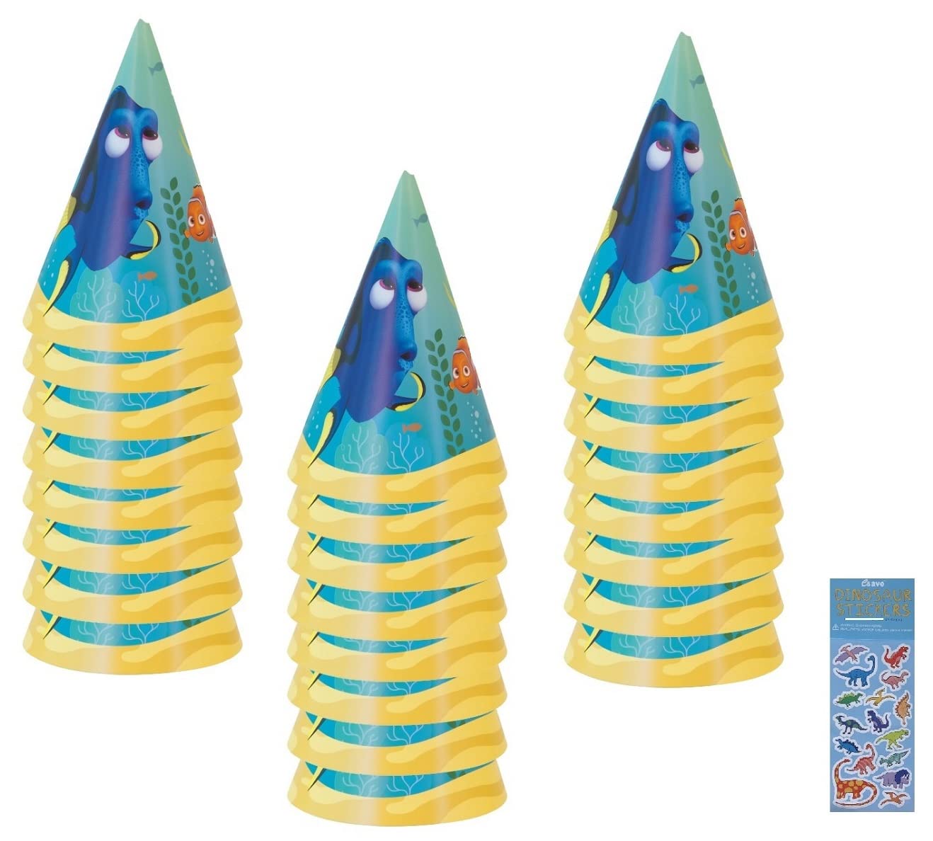 Unique Findet Dorie Geburtstagsparty-Zubehör-Set enthält 24 Party-Papierhüte und 1 Dinosaurier-Aufkleberbogen
