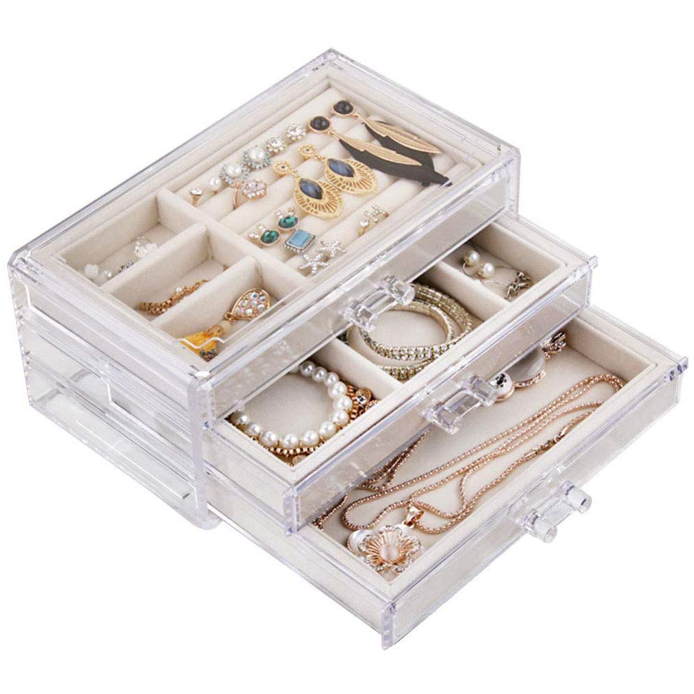 GenericClear Jewelry Box Organizer 3 Drawers Velvet Jewellery Boxes Acrylic Ring Earring Necklace Bracelet Holder Display Case Gift for Women Girls Men