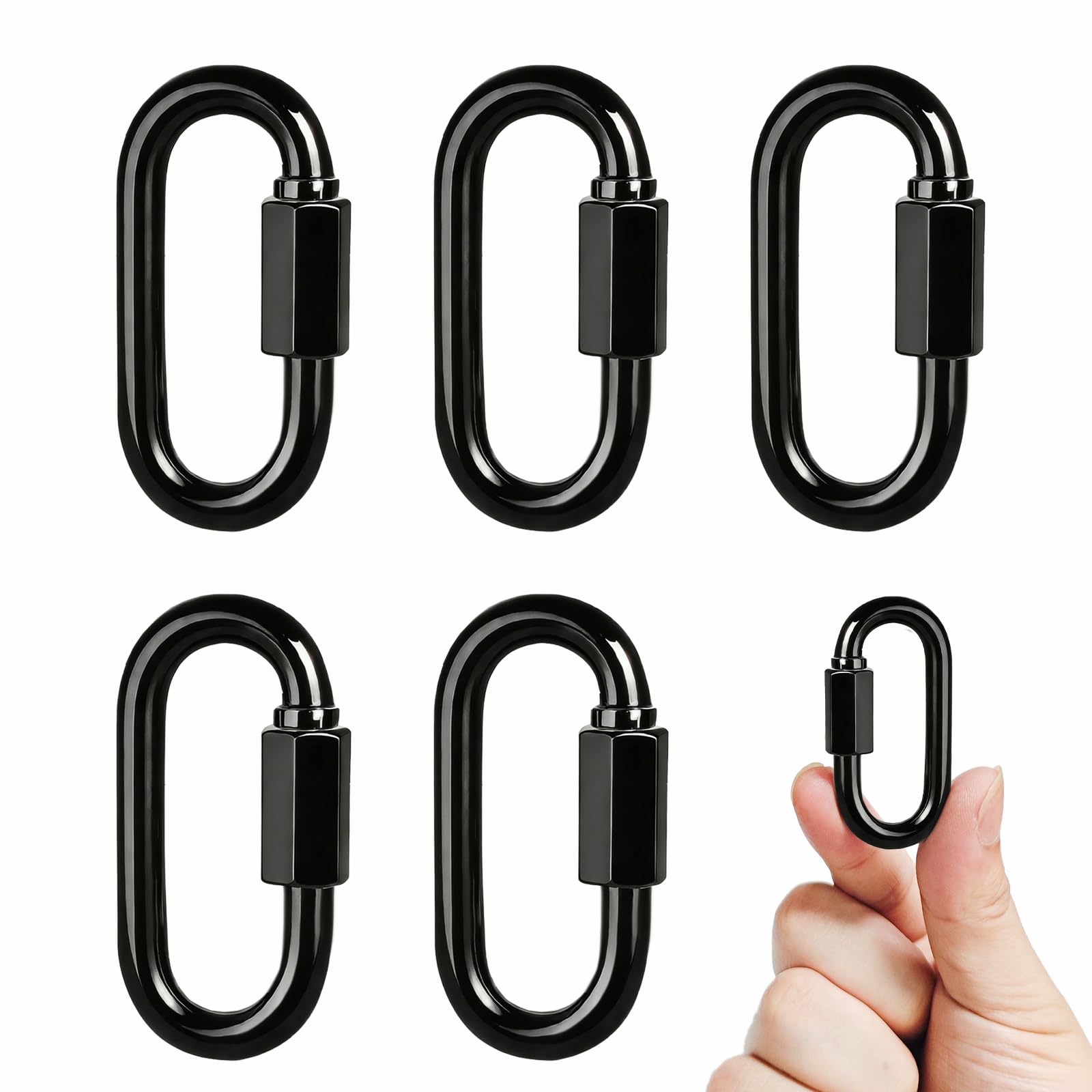 Twours Quick Link Black Chain Link Galvanized Steel Heavy Duty D Shape Locking Small Carabiner Keychain for Outdoor Traveling Equipment (M5,5pcs)