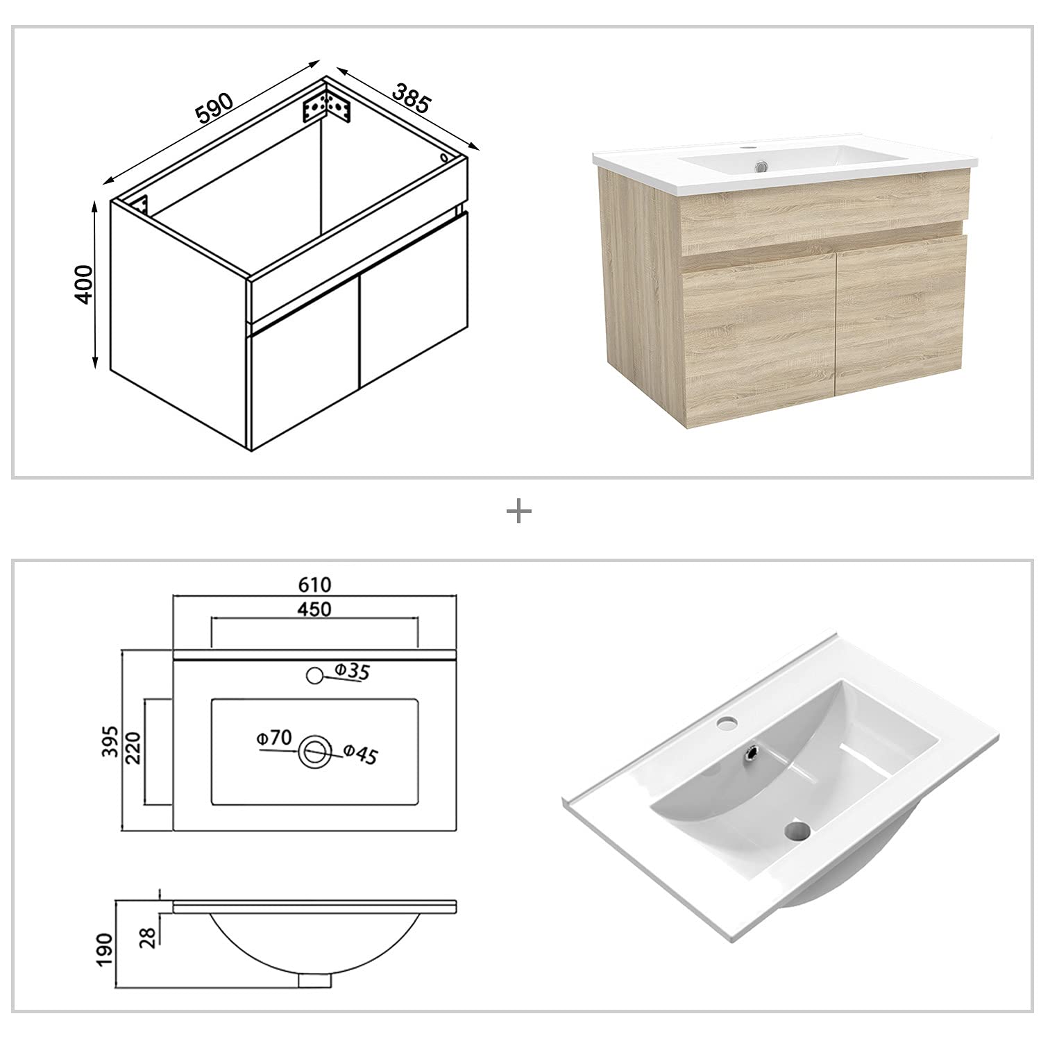 Badezimmer Badmöbel 60 cm Waschtisch mit Unterschrank Hängeschrank Eiche