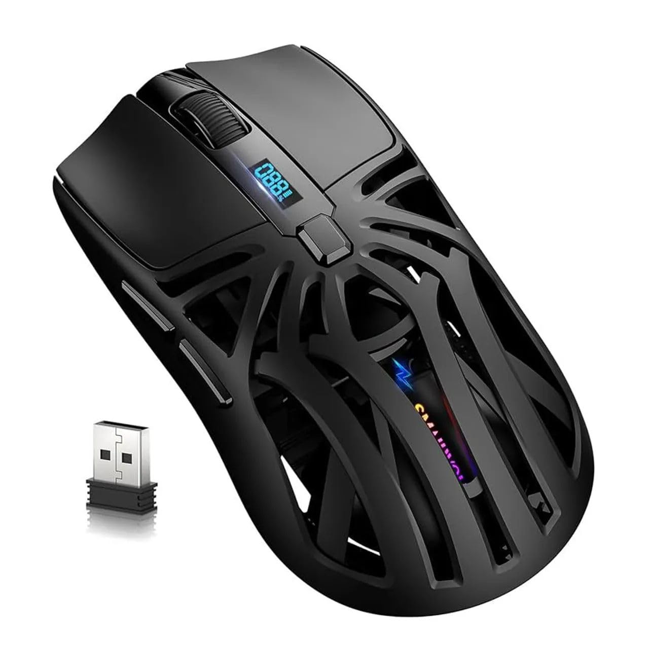 Holimo view of the SmailWolf RS8 gaming mouse showing its ultra-light design, scroll wheel, and digital display.