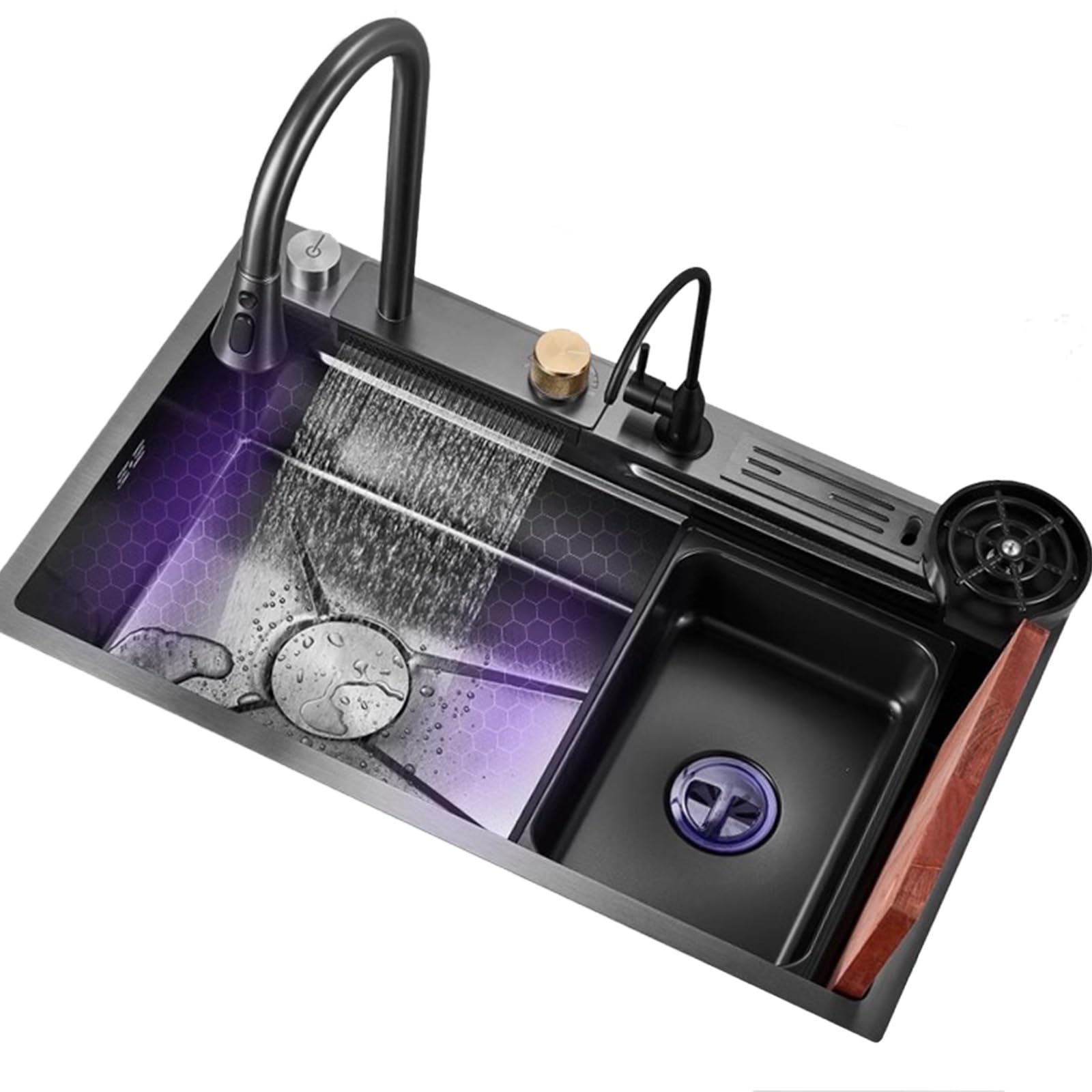 Meng Wei Shop One Color Black Stainless Steel Sink With Waterfall Faucet Kitchen Sink Single Bowl Sink With Cup Washer Left Side Drain Accessories Included (Size : 68X46x22cm)