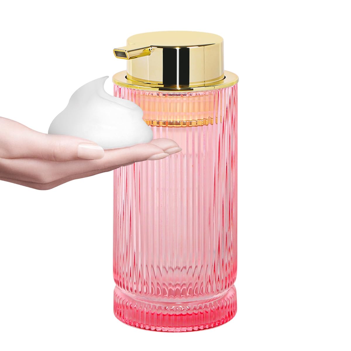 Schaumseifenspender, Glasschaum-Handseifenspender mit Pumpe, 400 ml, Badezimmer, nachfüllbar, Flüssigkeitslotion-Pumpe, gerippter Flaschenbehälter für Küche, Arbeitsplatte, Dekor (1, Roségold)