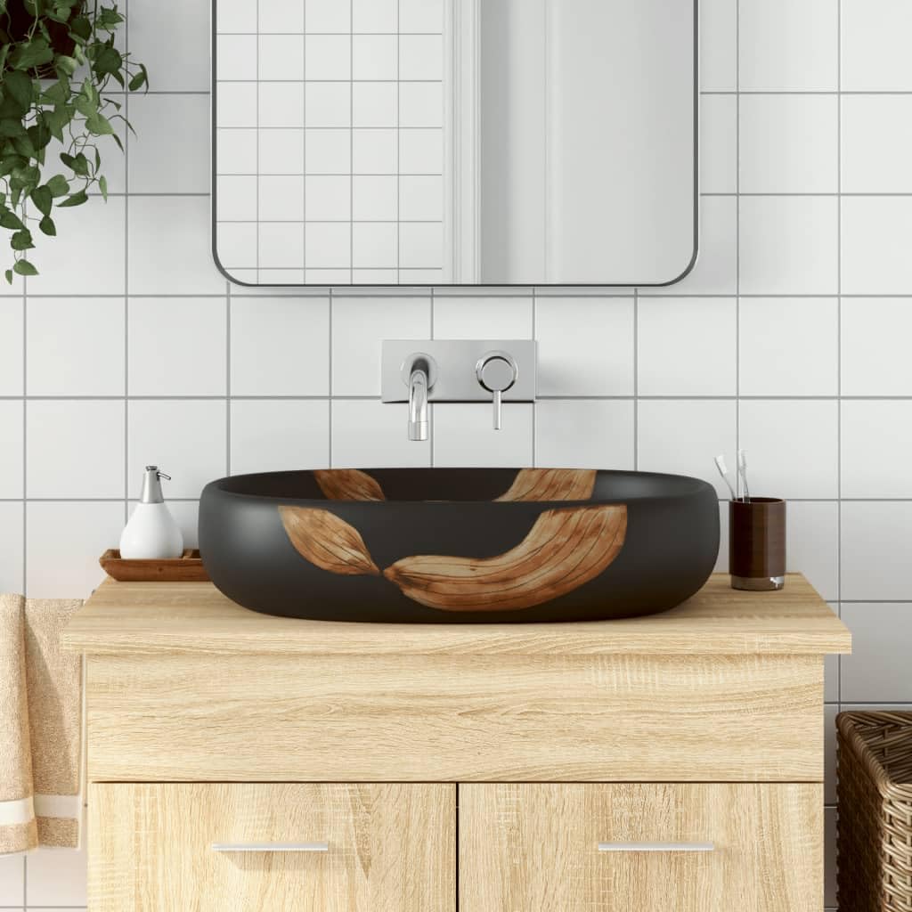 ShGaxin Lavabo sobre encimera Ovalado cerámica Negro 59x40x14 cm, Fregadero, Lavabo Baño, Lavamanos Baño, Lavatorio Casa De Banho, Mueble Lavabo sobre Encimera - 155106