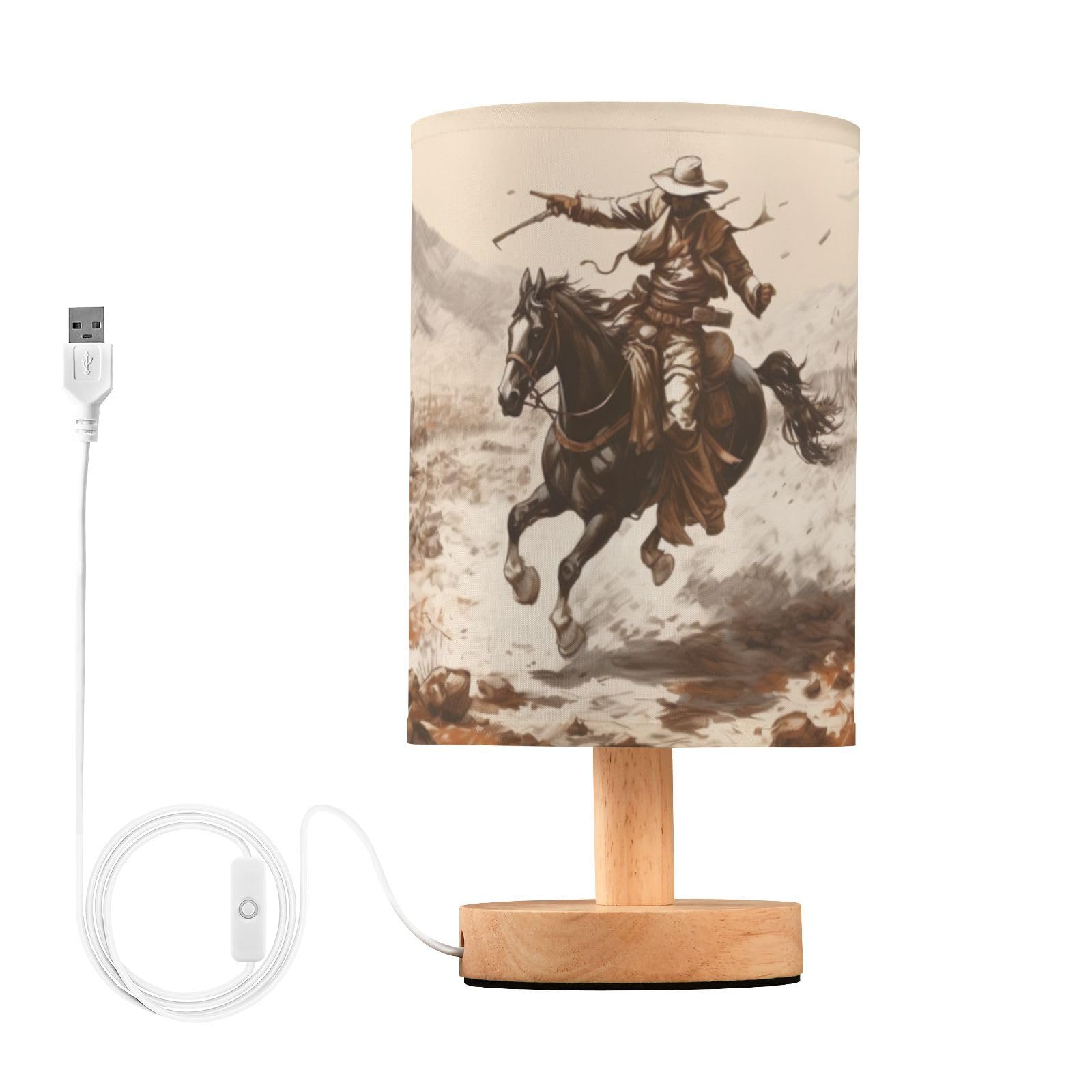 xigua Western Cowboy Bedside Table Lamp, Nightstand Lamp with Linen Fabric Shade - Wooden LED Desk Lamps for Bedrooms, Study Room, Home, College Dorm, Office