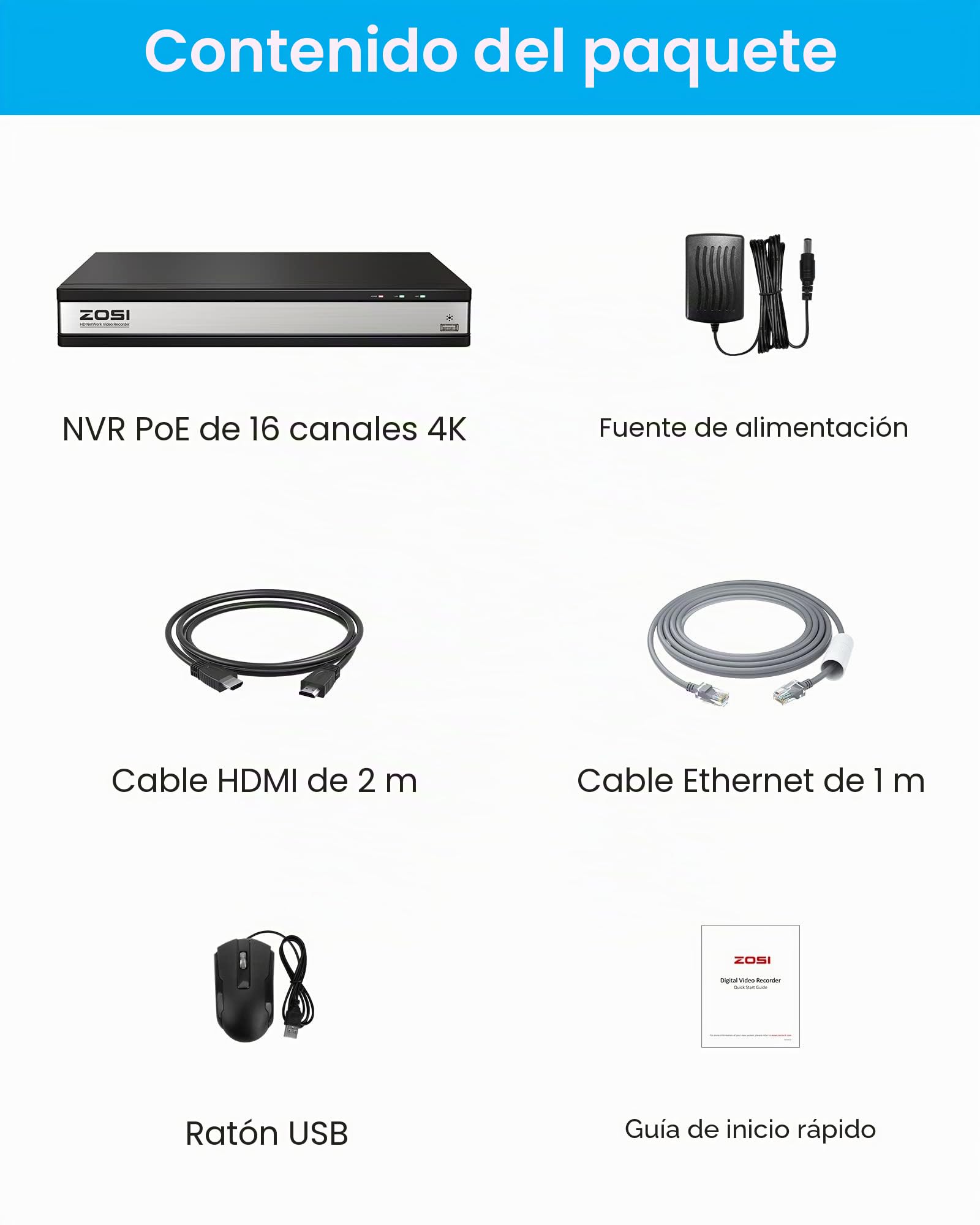 ZOSI 16CH 4K Grabador NVR PoE, Funciona Solo con ZOSI Cámara IP PoE de 2MP/3MP/4MP/5MP/8MP 4K, Disco Duro de 4TB para Grabación 24/7