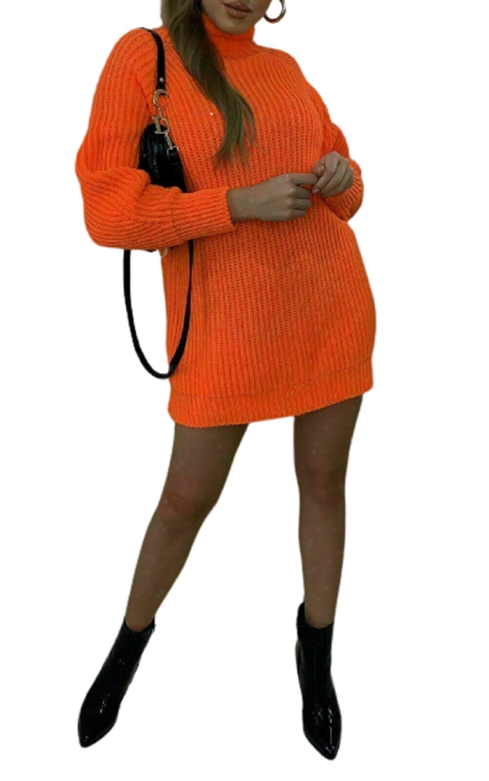 Girlzwalk Women's Orange Chunky Knitted Baggy Oversized Jumper Dress High Polo Roll Neck Top (, 12)