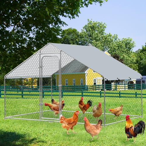 Large Chicken Coop Metal Chicken Run for 6/10 Chickens Poultry Cage with Waterproof and Anti-UV Cover for Duck Walk-in Chicken Pen for Yard (9.8'L x 6.6'W x 6.4'H)