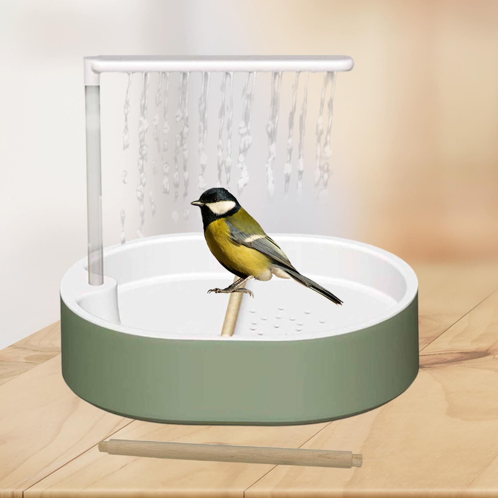 Milageto Papageienbadewanne mit Holzsitzstangen, Spielzeug und Verstellbarer Pumpe – automatische Vogelbadedusche für Nymphensittiche, Wellensittiche und, Weißer Duschkopf